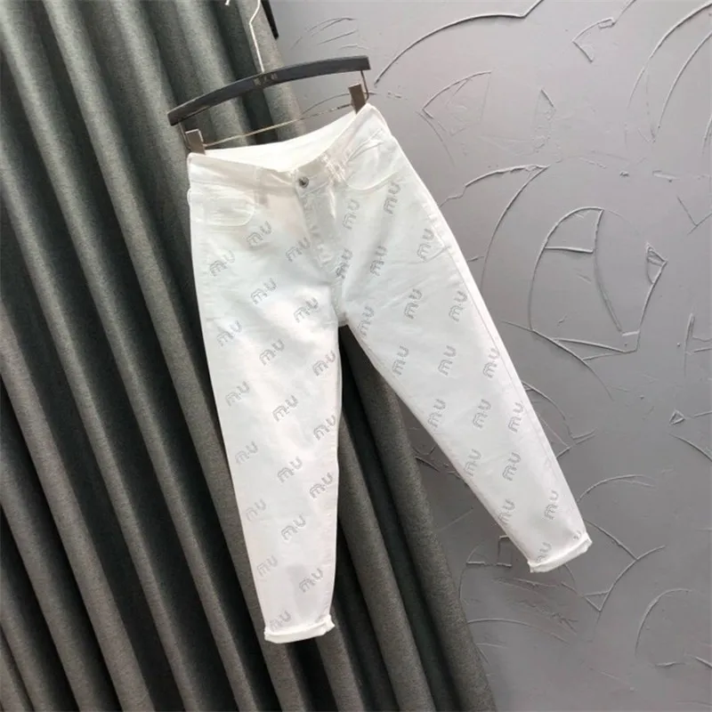 Fashion Pink Cropped Jeans Women 2025 Spring and Summer Thin Stretch High Waist Slim Letter Hot Drilling Straight Pants Female