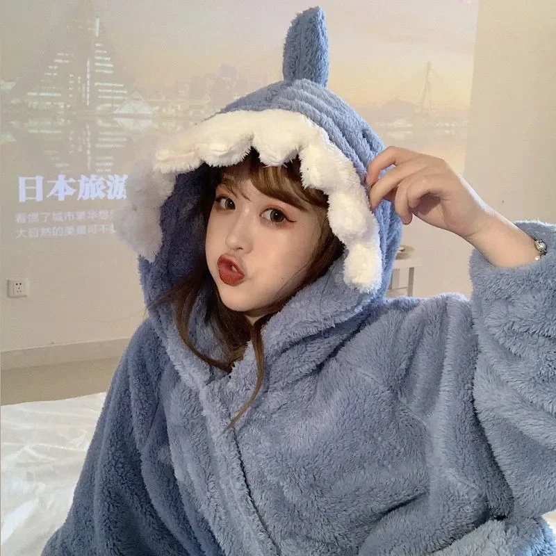 45698911-5Spring, autumn and winter pajamas women thickened plus velvet coral fleece cute shark nightgown long home service