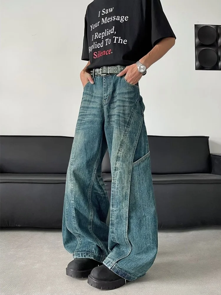 2025 Trashy Y2K Mode gewaschen blau gespleißt Baggy neue Jeans Hosen für Männer 90er Jahre Vintage Kleidung weites Bein gerade Denim Hose – Detail 12