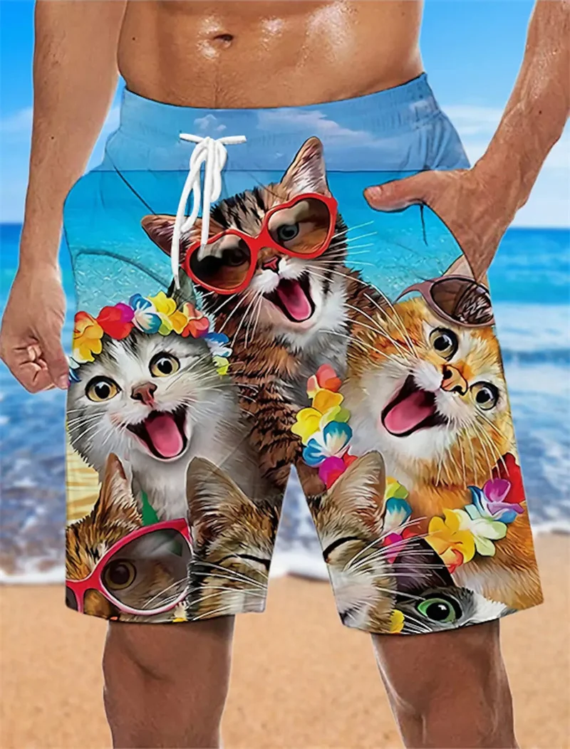 Nieuwe Heren Strandshorts Leuke 3d Kat Print Zwembroek Mode Zomer Losse Casual Broek Jongen Meisje Unisex Board Shorts Groothandel