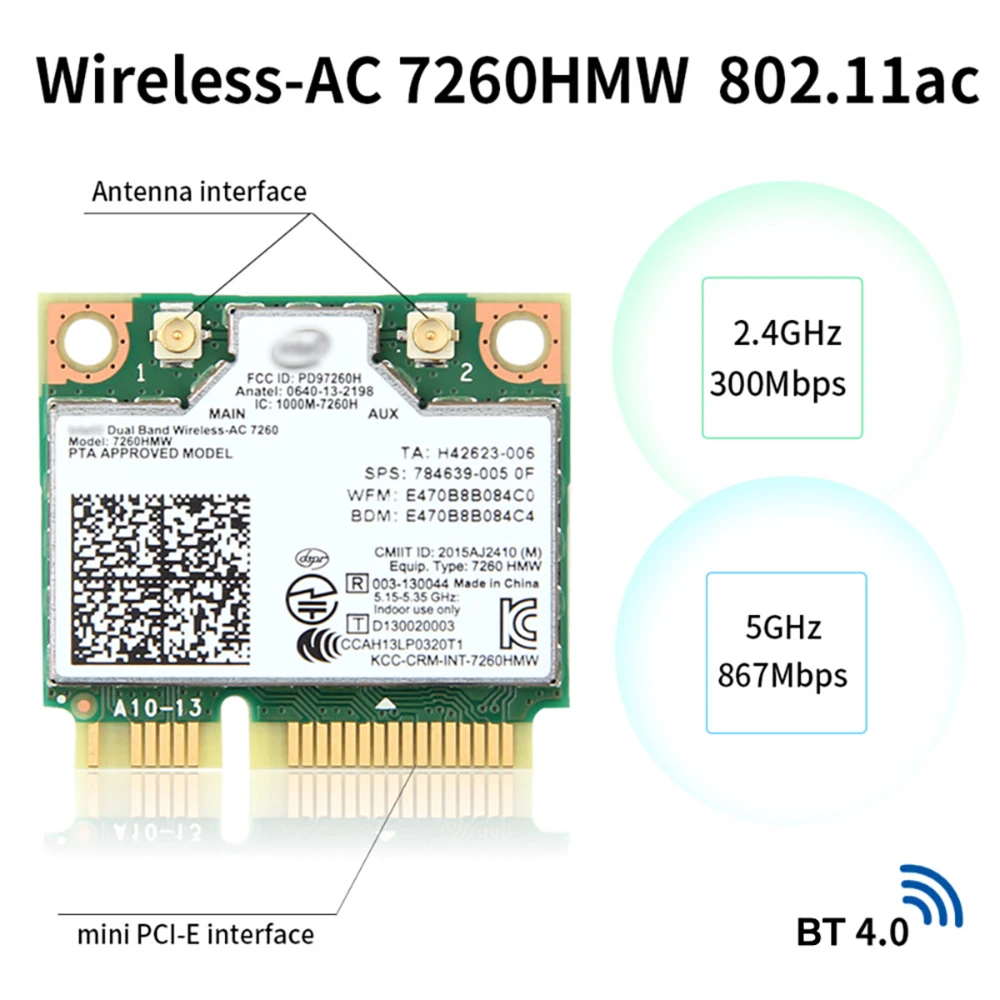 Cartão WiFi sem fio para adaptador de rede, AC7260, 7260, 1200Mbps, Mini PCI-E, 2.4G, 5Ghz, BT4.0, 802.11AC, A, b, g, n, Win7, 8, 10