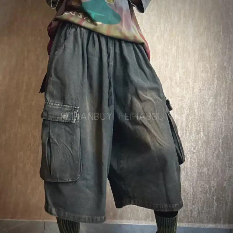 New Arrival 2026 Spring Summer Arts Style Women Elastic Waist Cotton Denim Calf-length Pants Double Pockets Vintage Loose Jeans