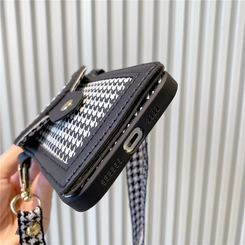 Luxury Korean Houndstooth crossbody strap lanyard Phone Case For iPhone 11 12 13 Pro Max XR XS 7 8 Plus card holder wallet Cover