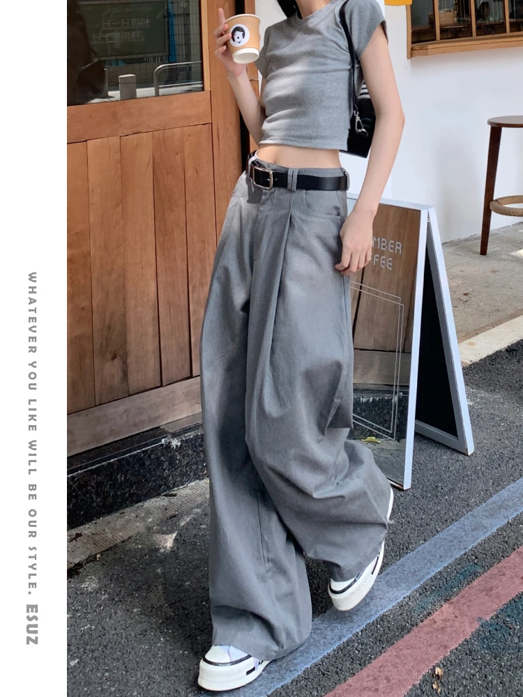 

Women Grey Gothic Suits Pants Baggy Y2k 90s Streetwear Oversize Emo Wide Leg Pants Vintage Harajuku High Waist Trousers Clothes