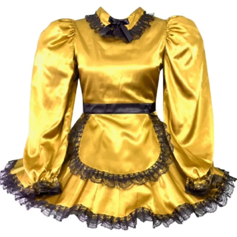 

New Lockable Sissy Dress Maid Gold Lace Lovely Apron Adult Little Girl Giant Baby Doll Costume Customization