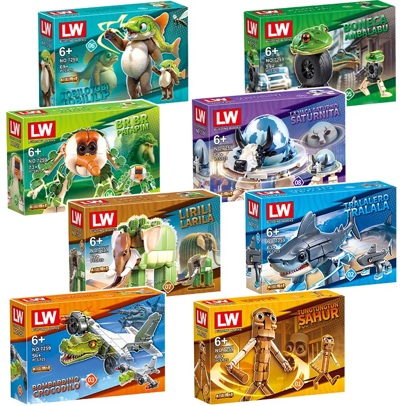 Bloques de construcción italianos Brainrot animales Tung Tung Sahur Tralalelo Tralala tiburón BricksToy regalo para niños caja ciega