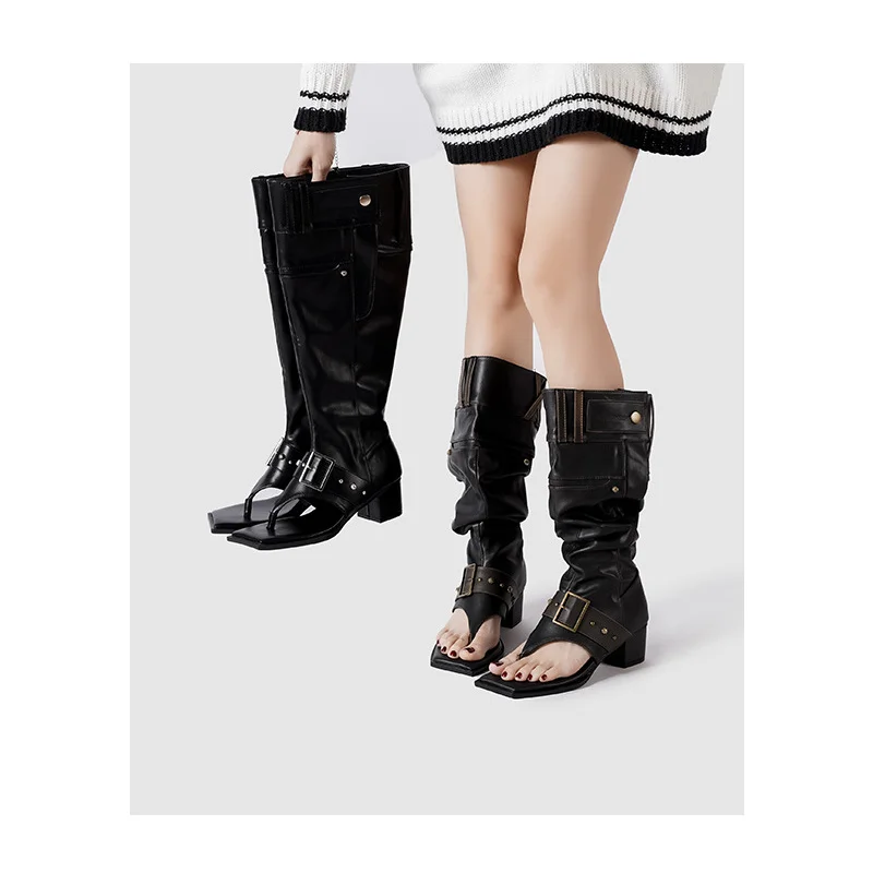 Fashion Retro Rivet Metal Decoration Square Toe Pleated Knee High Women Boots High Heels Slip on Western Sexy Sandals Shoes #3