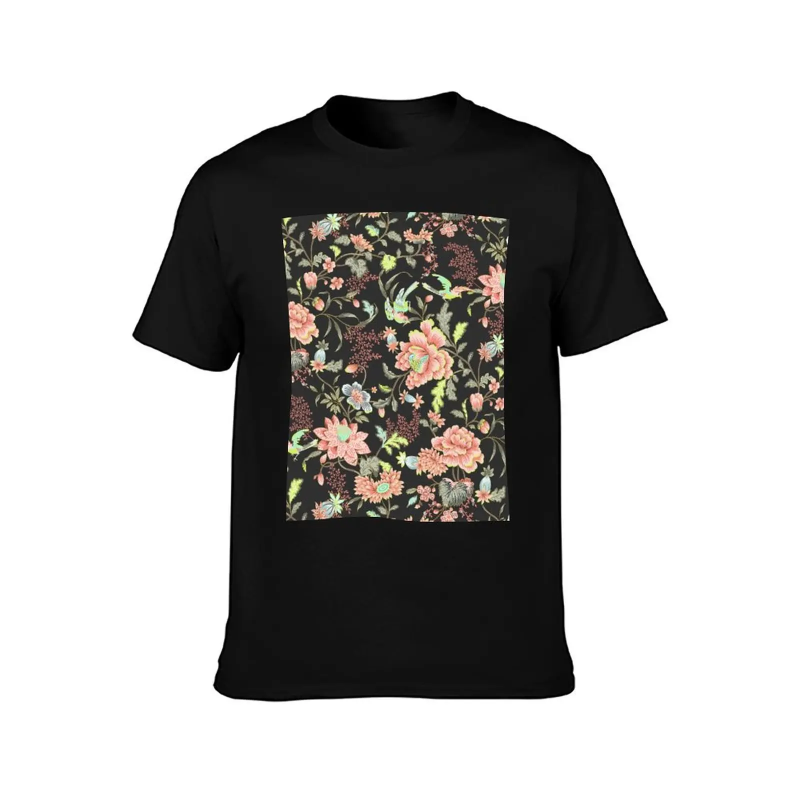 Oriental Elegant Birds and Flowers Pink Charcoal Pattern T-Shirt cotton t shirts high quality T-Shirt