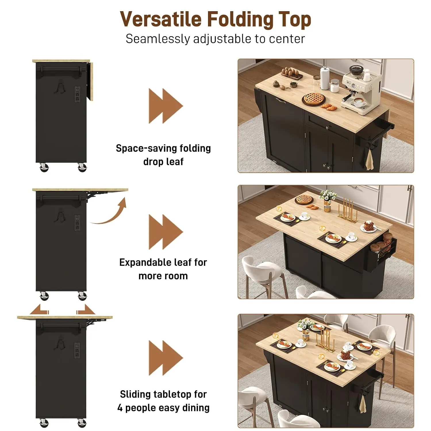 Kitchen Island Cart,Drop Leaf,Rolling Trash Cabinet,2 Drawers,Spice&Towel Rack,51 Inch,Wheels for Home Dining Room, Customized