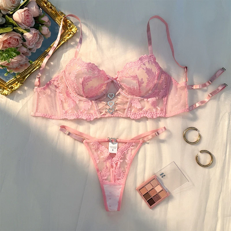 

Sweety Girl Sexy Lingerie Pink Mesh Bra and Panty Set Flower Embroidery Transparent Underwear Shiny Rhinestone Intimate Lingerie