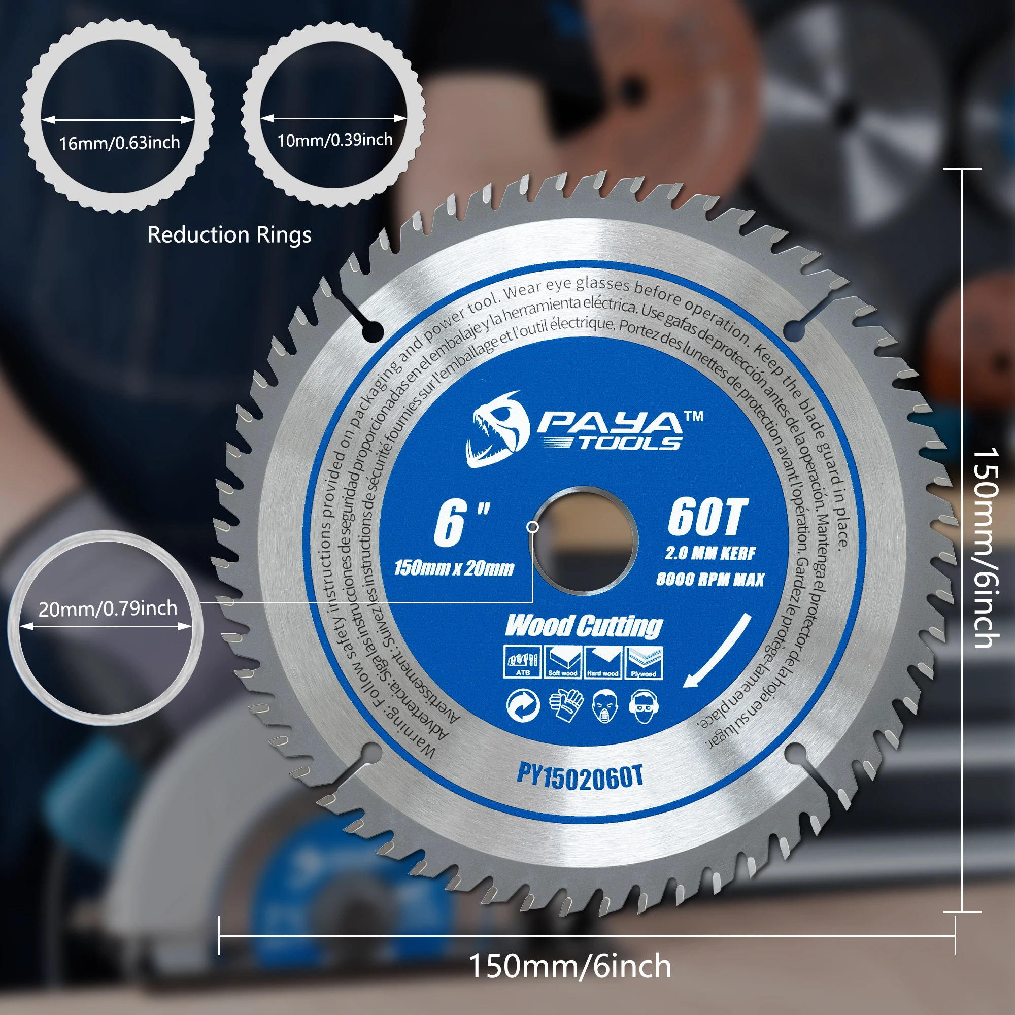 PAYA 6Inch 150mm 60Teeth TCT Circular Saw Blade with 20mm Arbor Carbide Tipped Teeth Fast Clean Wood Plastic Cutting for DIY Use