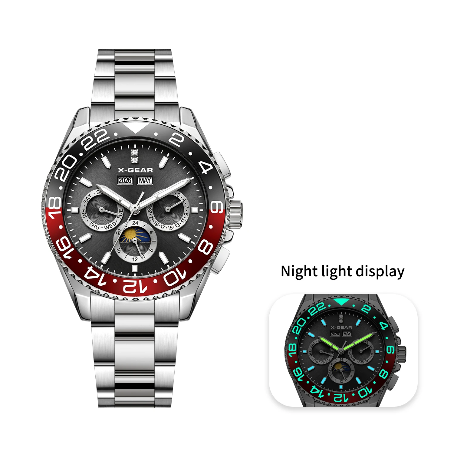 X-GEAR Men's Classic Water Ghost Watch Mechanical Movement Waterproof Calendar Stainless Steel Ceramic Bezel