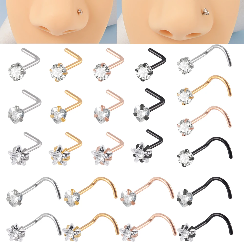 1PC Surgical Steel Zircon L-shaped Nose Bone Ring Heart Star Round Top Screw Nose Piercing Retainer Holder Body Jewelry 20g