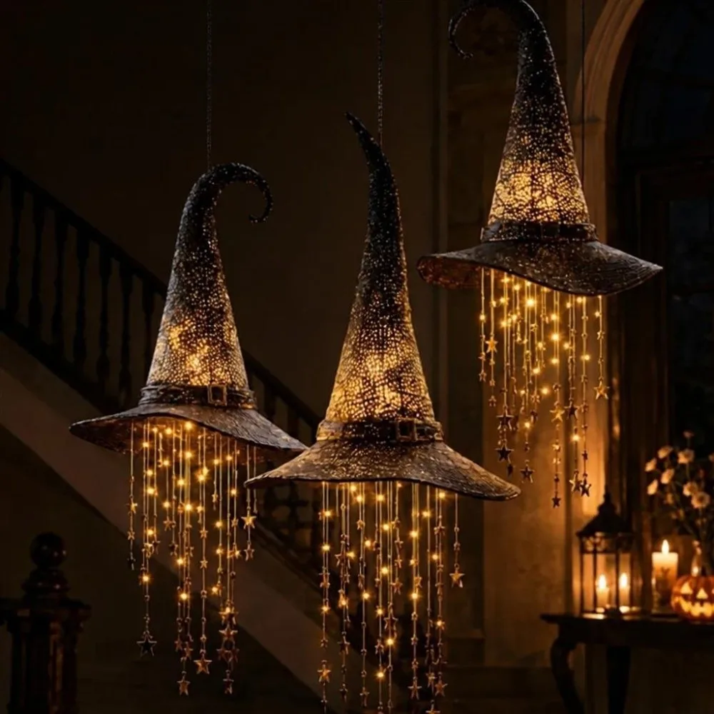 Glowing LED Witch Hat Hanging Chime Hollow Out Spooky Halloween Witch Hat Decor with Star Tassels with String Light