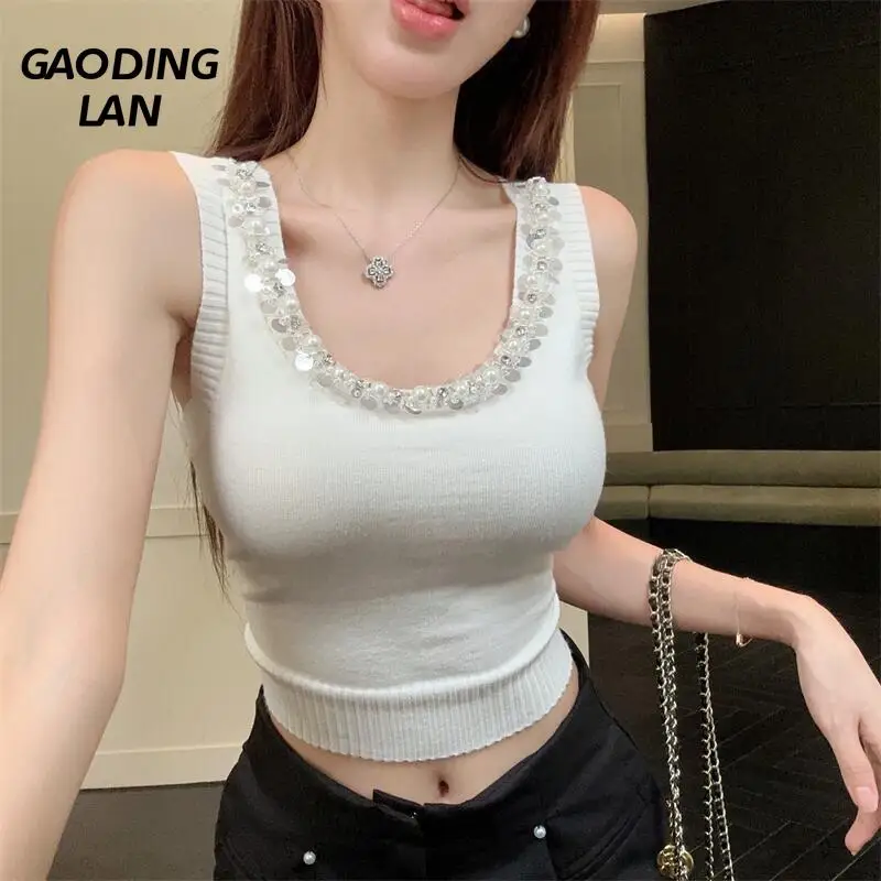 GAODINGLAN Diamond Inlay Luxury paillettes donna canotte estate senza maniche Sexy Cropped Camis High Streetwear espongono gilet ombelico