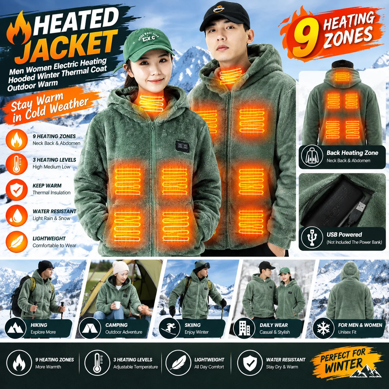 Heated Jacket Men Women 9 Heating Zones Electric Heating Hooded Winter Thermal Coat Outdoor Warm (Not Included The Power Bank)