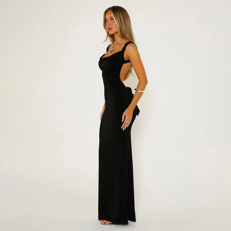 Elegantes Damen-Party-Maxikleid mit Schleife hinten, Satin, Neckholder, rückenfrei, ärmellos, weibliche Kleider, 2022, Sommer-Dame, solide Abendkleider