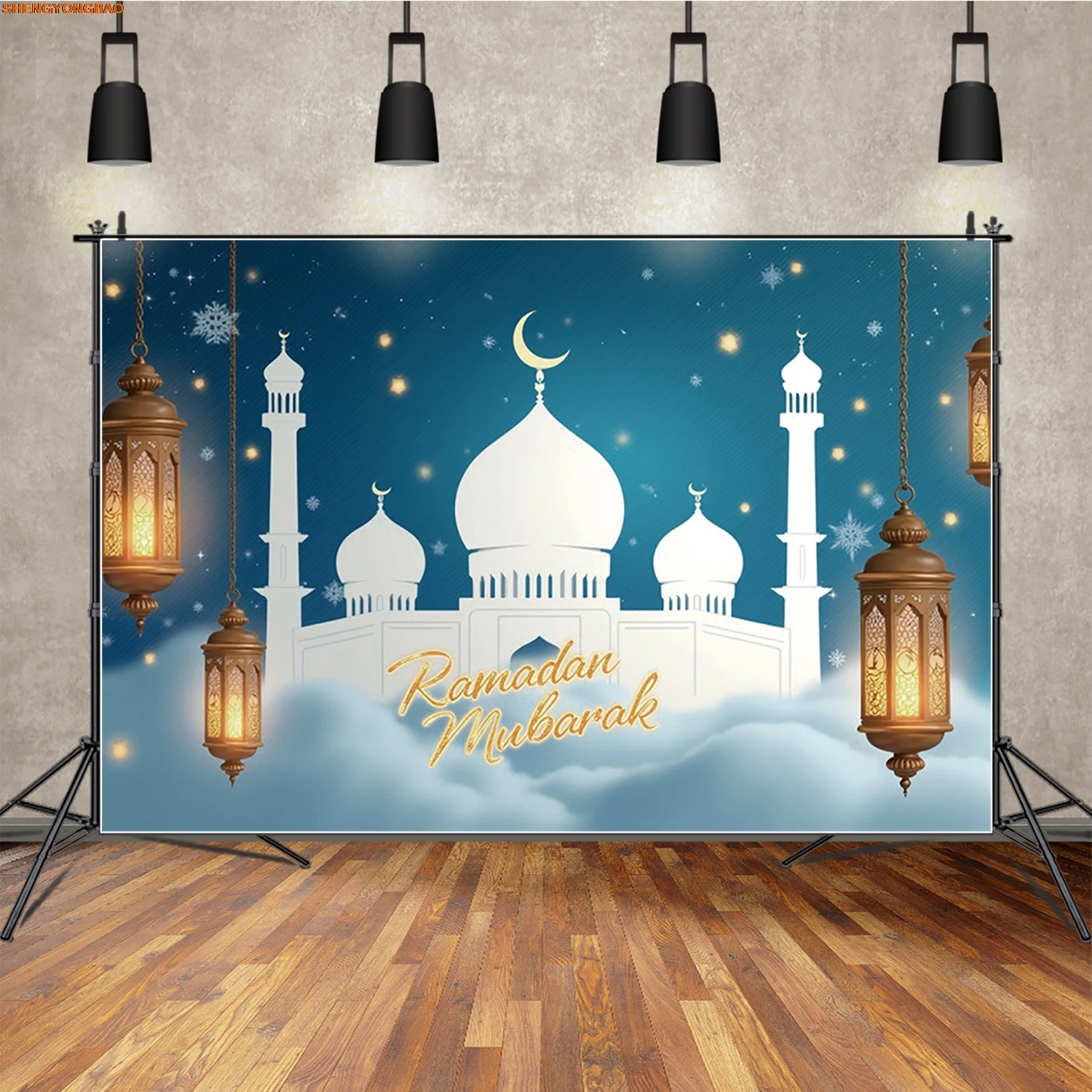 

Eid Mubarak Banner Photography Backdrop White Mosque Lantern Moon Light Photozone Background Party Studio Banner
