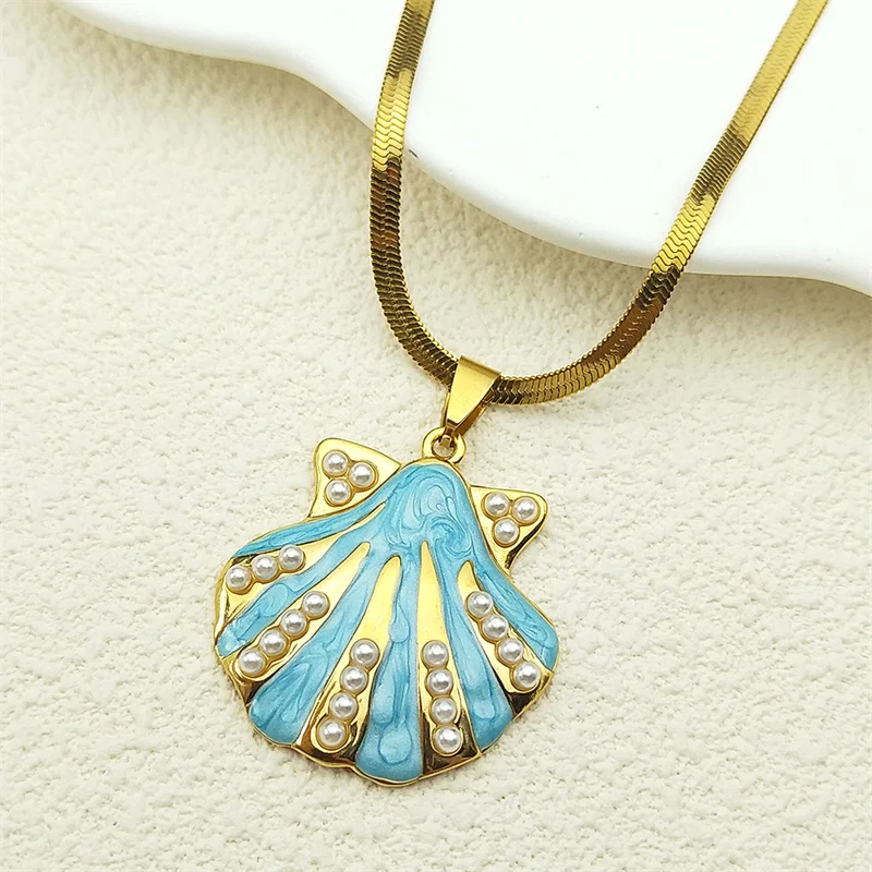 

2025 Enamel Sea Pearl Shell Pendant Necklace For Women Girls Stainless Steel Blue Color Beach Party Female Chain Jewelry Gifts