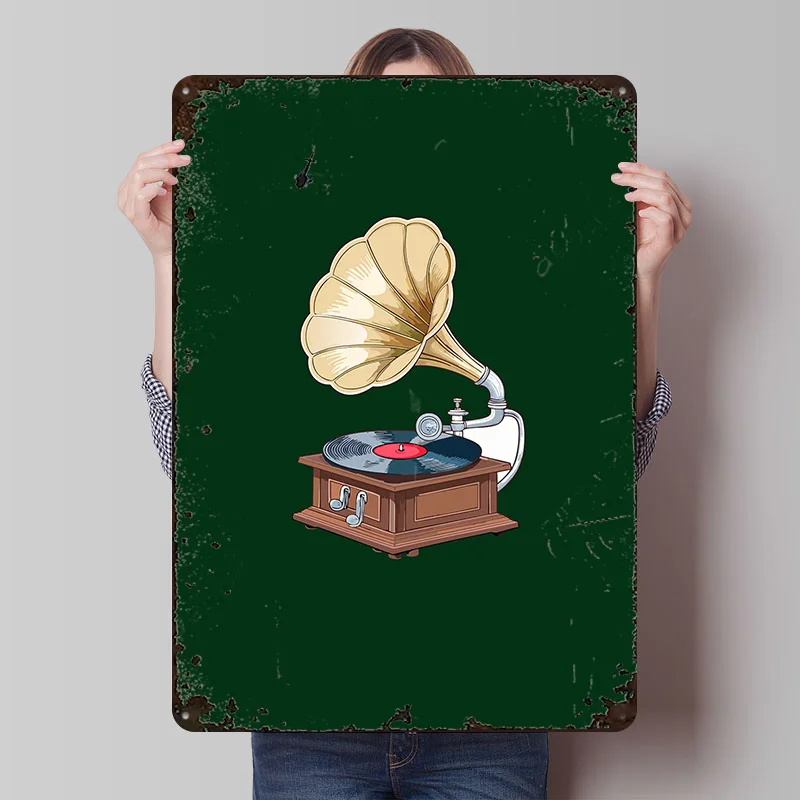 Vintage Gramophone Printing Poster Customized Retro Wall Art Vintage Metal Signs for Mancave Room Decoration Bedroom Decorations