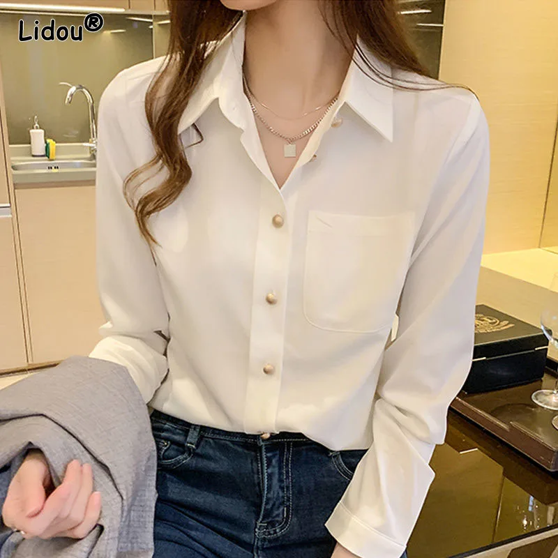 

Office Lady Single Breasted Solid Turn-down Collar Women Shirt Slim Thin Blended Spring Autumn Formal Women's Clothing Fashion