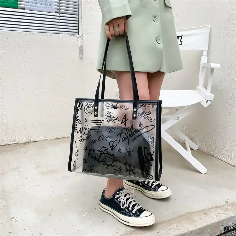 Transparent Graffiti Tote Bags Women Students Designed Water-proof Shoulder Bag Outdoor Commuter Handbags All-match Bolsos Daily