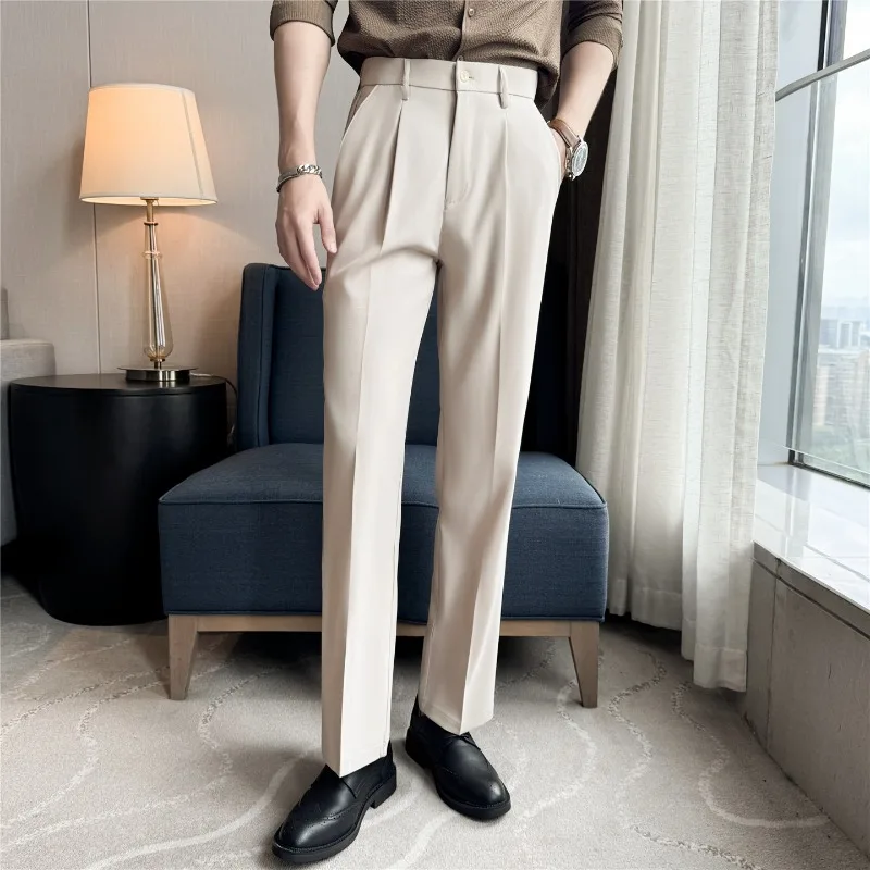 

Men Suit Pants British Style Formal Dress Pants Business Solid Casual Elastic Waist Straight Slim Fit Trousers Men Clothing