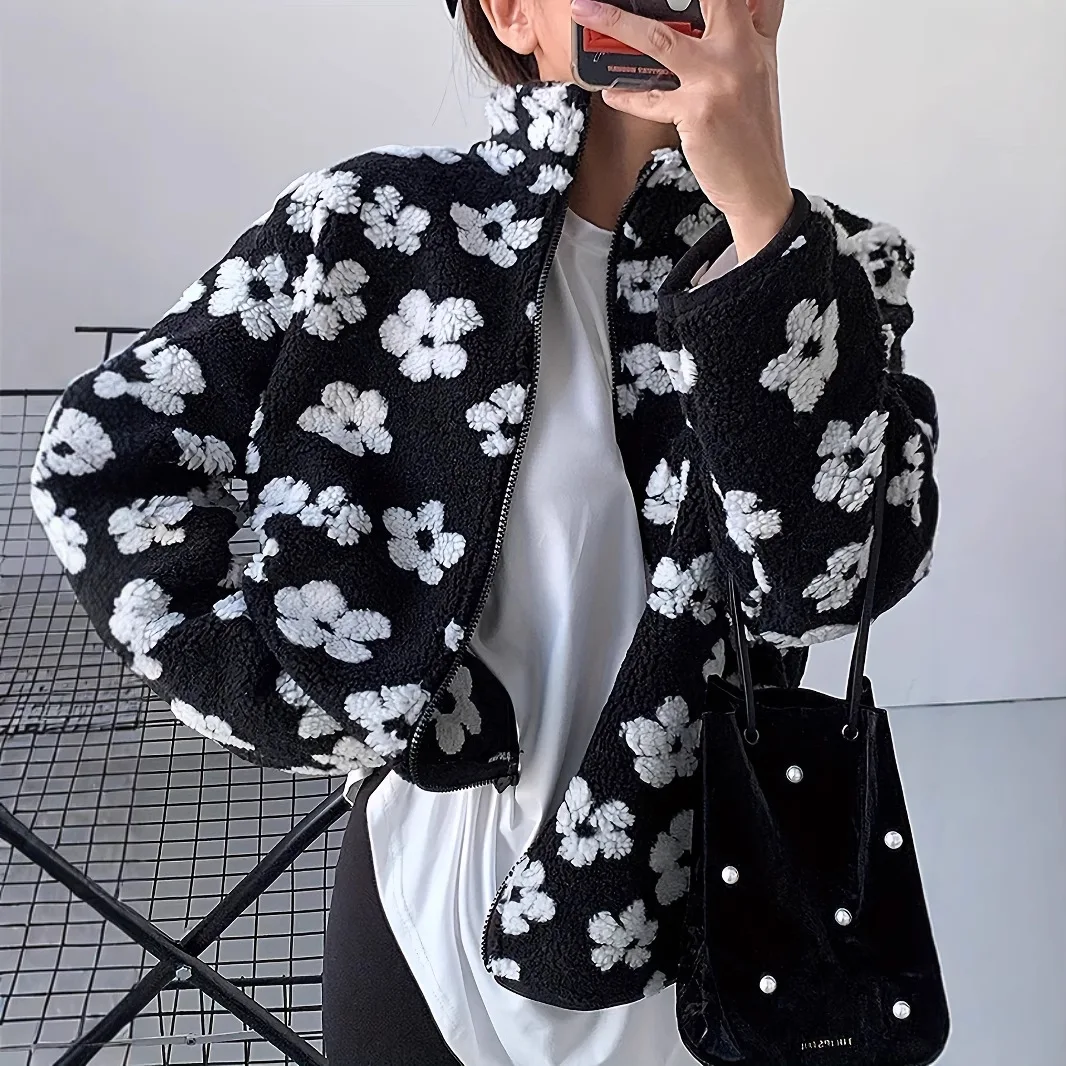 

Chic Floral Patterned Fleece Jacket Women - Black Cropped Zip Jacket With Stand Collar Fall Woman Clothes Damen Mode Y2k Kurtki