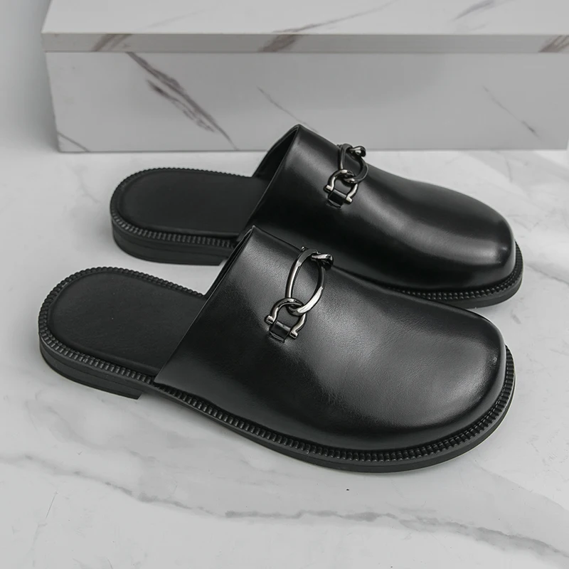 Men's Leather Low Heel Slippers Breathable Male Half Footwear Business Casual Fashion Flats Half Drag Arrival Mens Muller Shoes