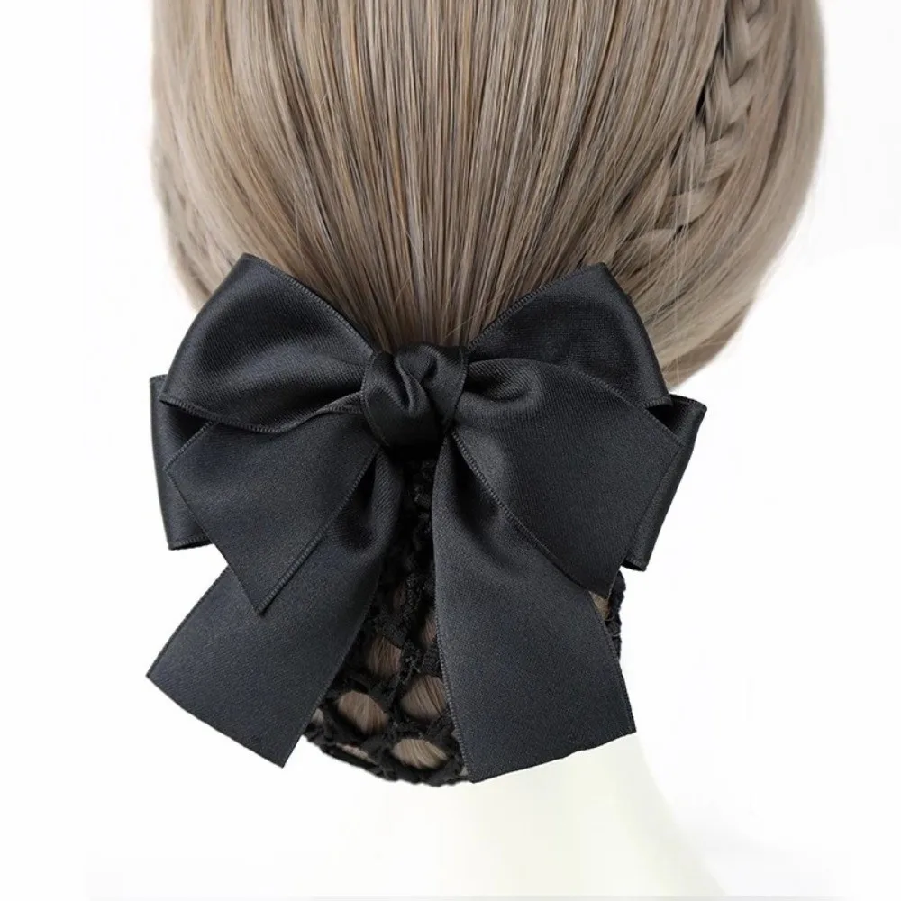New Comfortable Bowknot Knit Hair Net Vintage Elegant Korean Bun Snood Double Layer Spring Clip Cover Net Hair Clip Female