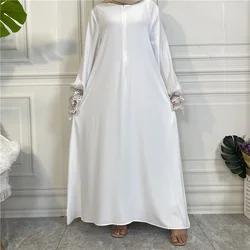 Ramadán blanco Abaya cremallera frontal Turquía musulmán Hijab vestido Islam encaje manga cerrada Abayas para mujeres Dubai Kaftan Robe Jilbab