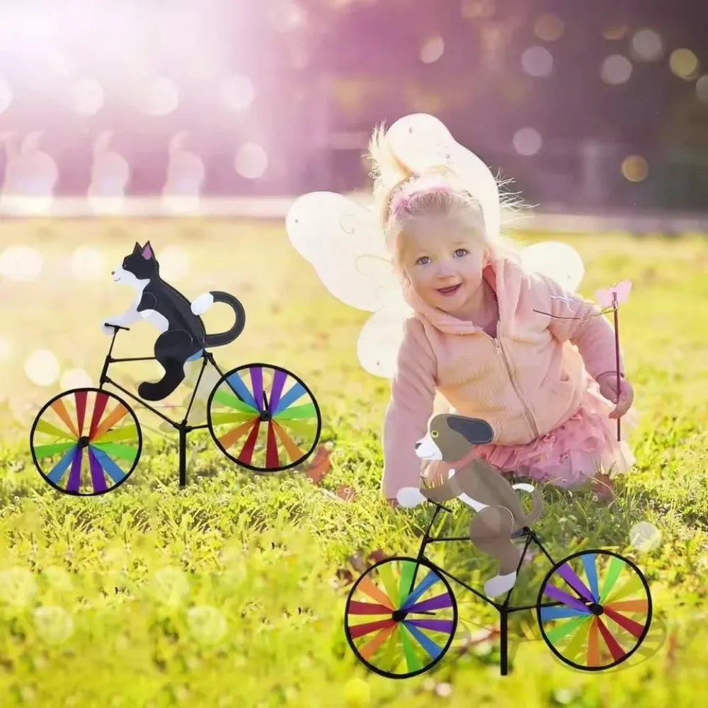 Three-dimensional Cartoon Animal Riding Windmill Cartoon Modelling Standing Pole Bicycle Wind Spinners Lawn Ornament