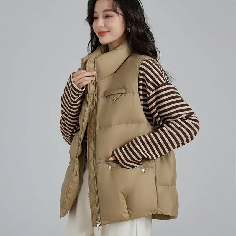 Stand Collar Fashion Women Waistcoat 2025 New Autumn Winter Warm Leisure Women Down Vest Solid Color Women Down Jacket H452
