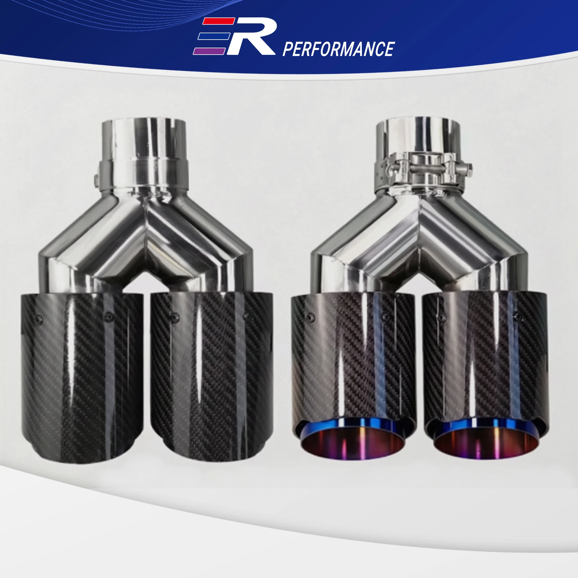 ER Universal Double Exit Exhaust Pipe Carbon Fiber Glossy Stainless Y Shape Muffler Tip Nozzle For Car Decoration Bluing Process