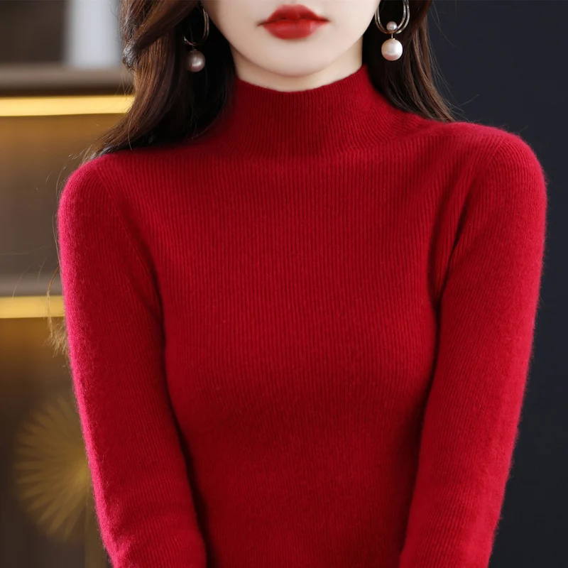 23100% Australian Wool First-Line Ready-to-Wear Sweaters with Large Elastic Half-High-neck Vertical Women's Pullovers Sell Well.