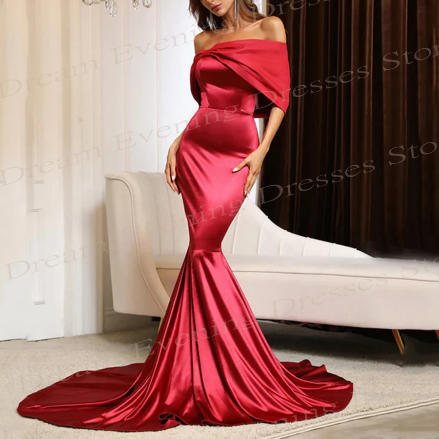 Beautiful Red Mermaid Graceful Evening Dresses For Women Modern Off The Shoulder Sleeveless Prom Gowns Simple Satin Formal Party