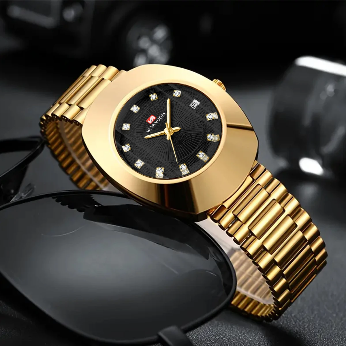 VA VA VOOM Gold Mens Watch Fashion Elliptical Stainless Steel Luxury Water Diamond Business Style Original Quartz Movement Watch