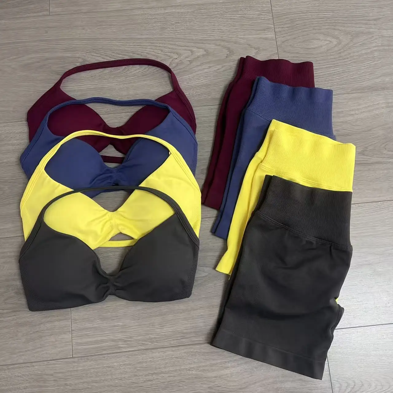 Denyf 2 Pieces Yoga Gym Set Women Seamless Strappy Yoga Bra Waist Workout Scrunch Shorts Sports Set Fitness Clothes Sportswear
