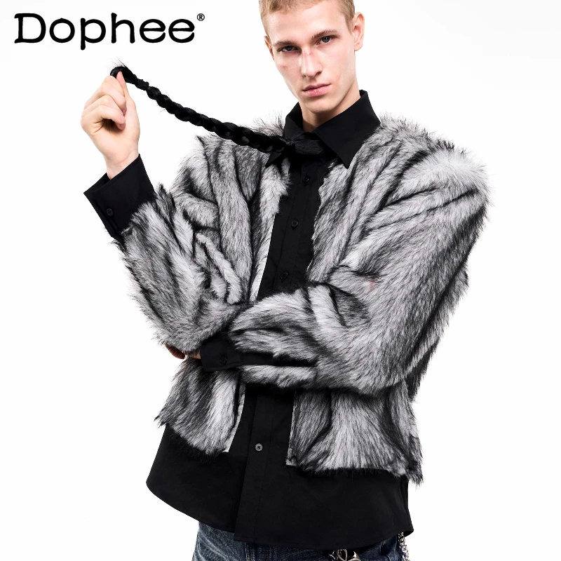 

2025 Men's Autumn Winter High-End Furry Warm Shirts Men's Faux Fur Splicing Long Sleeve Shirts Handsome Personality Stylish Tops
