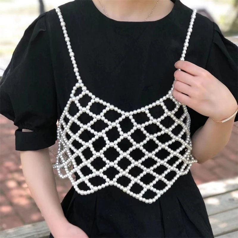 Handgefertigtes Perlen-Cami-Top für Damen, weißes Perlen-Bralette-Crop-Top, Spaghettiträger, Mesh-Bustier, Sommerparty, Strand, Oversize-T-Shirt – Detail 2