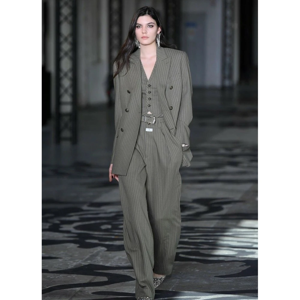 Neutral Style Olive Greyish Green Women Light White Vertical Stripes Suit 3 Piece Jacket Pants Set Double-Breasted Peak Lapel