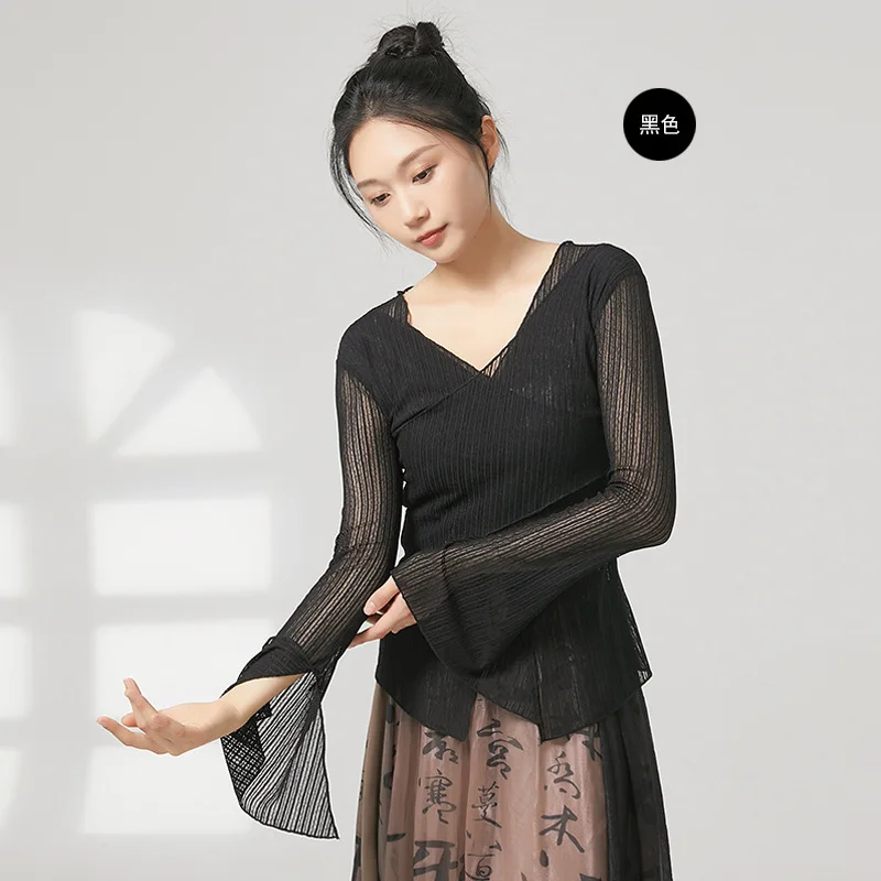 Abbigliamento da danza classica, pratica del corpo, abbigliamento per rima del corpo, elegante camicia a rete, top a maniche lunghe, da donna
