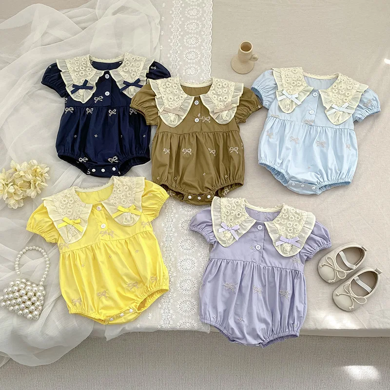 

2025 New Baby Girl Summer Romper Embroidered Bow Outfit Cute One-Piece Jumpsuit for 0-24 Months Newborn Infant Casual Clothes