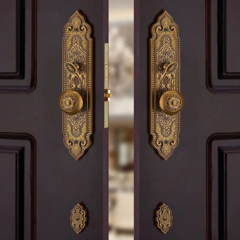 

Vintage Carved Design Wooden Door Lock Luxury Villa Lock Double Open Wooden Door Handle Lock
