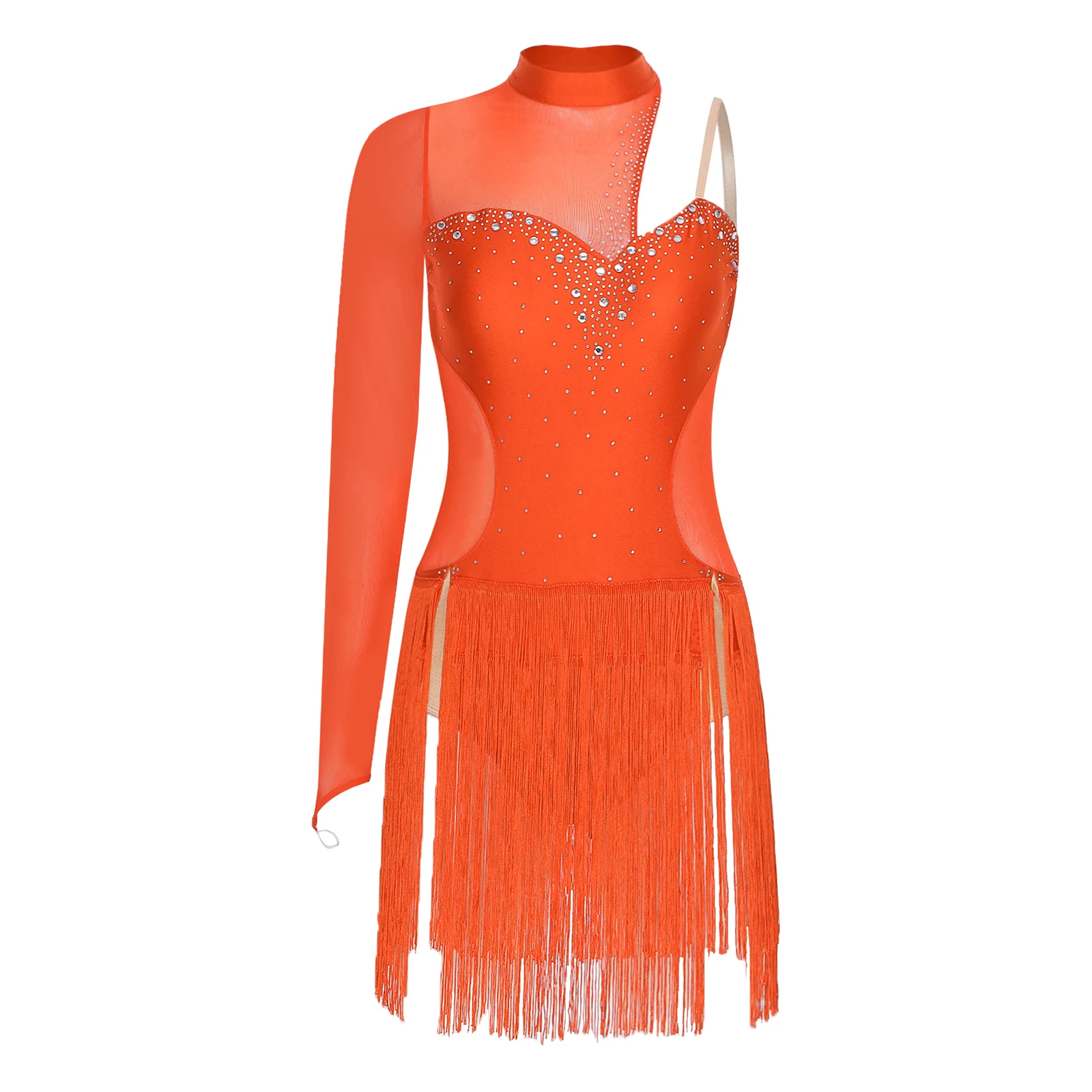 

Lyrical Dress Women Dance Costume Figure Skating Modern Dancewear One Sleeve Sheer Mesh Patchwork Bodysuits Fringed Skirts Dress