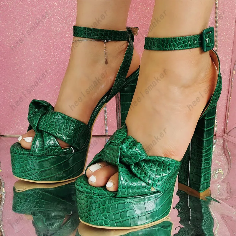 Sukeia Stylish Women Ankle Strap Sandals Crocodile Pattern Sexy Chunky Heels Peep Toe Green Party Shoes Ladies US Size 5-20