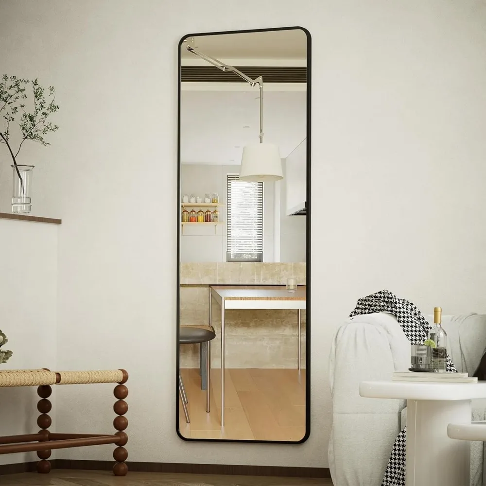 Full-Length Aluminum Frame Door Mirror with Adjustable Hangers for Hanging, 14x48 Inches, Height-Adjustable Body Mirror