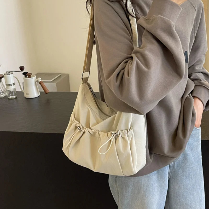 Women Solid Color Ruched Shoulder Bag Large Capacity Japanese Style Student Casual Crossbody Bag Large Capacity Messenger Bag