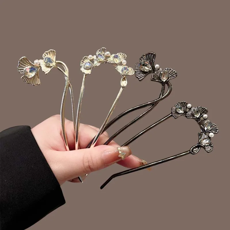 Nuevo palo de pelo de hoja de Ginkgo en forma de U de Metal de estilo chino para mujer, palillos elegantes, horquillas, herramienta de estilismo, accesorios para el cabello