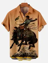 2024 Men's Casual Retro Equestrian Cowboy Poster shirts 3D Print Turndown Collar Shirt Short Sleeve Shirt Summer Shirts For Boys